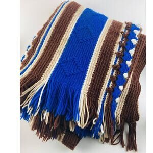 Vintage Handmade Crochet Afghan Blanket Southwest Blue Brown w/Fringe Aztec Knit